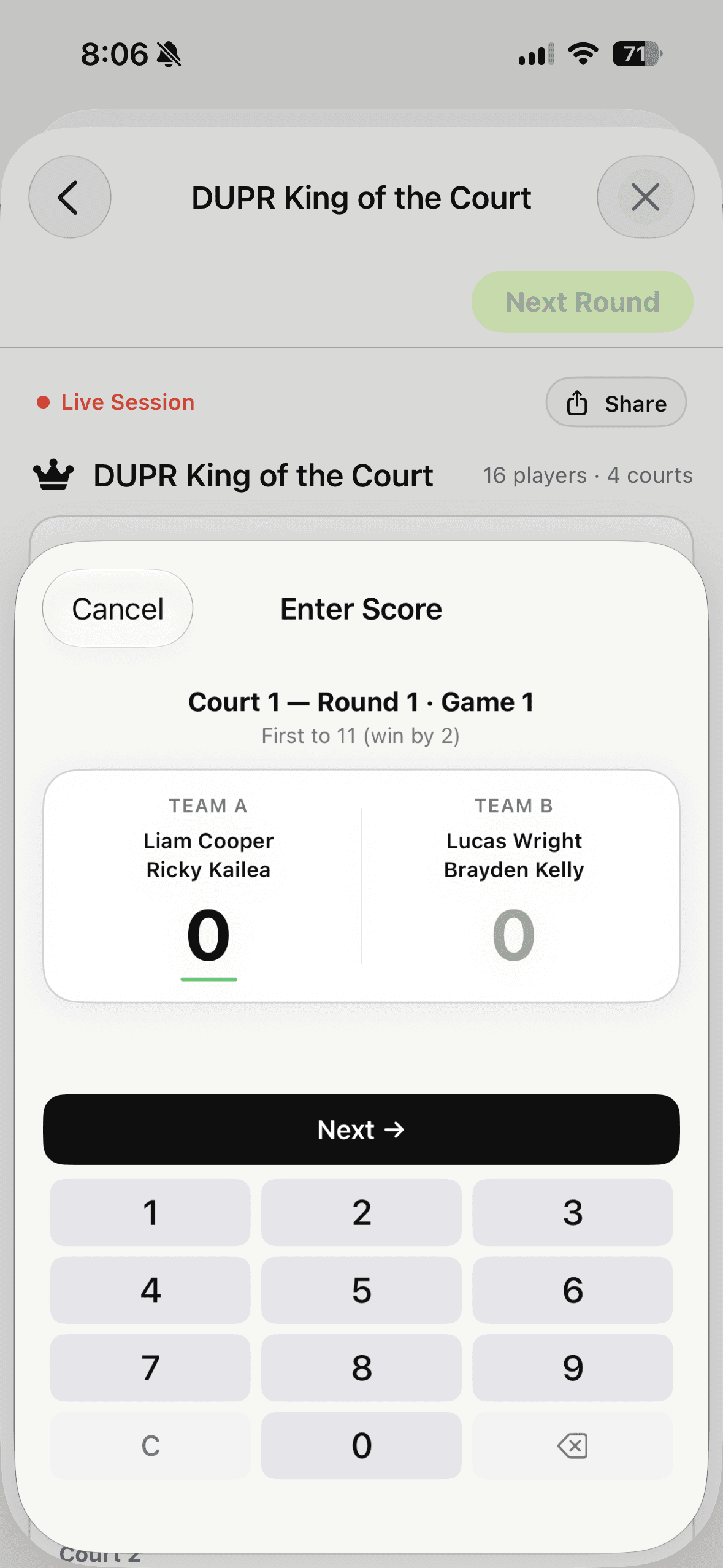 Enter score screen