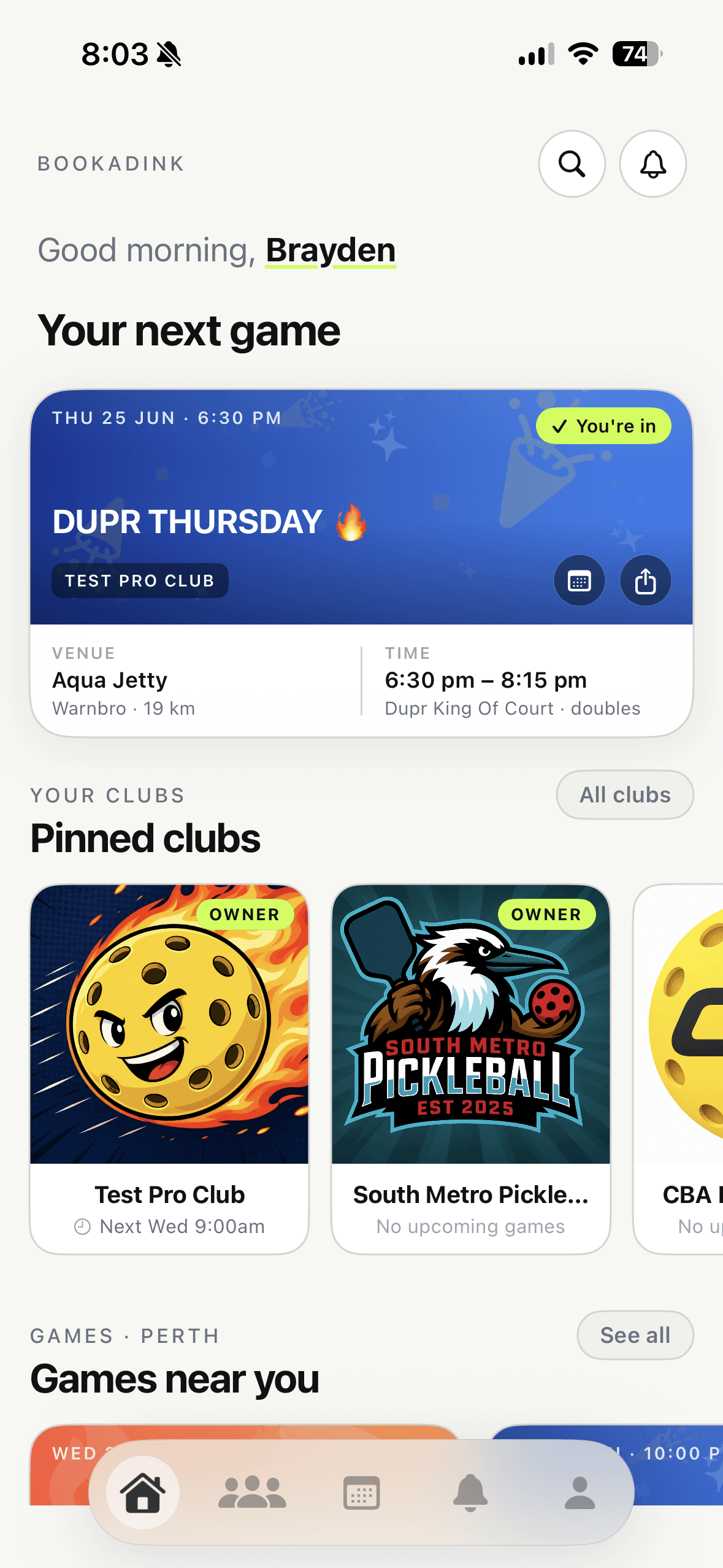 Book a Dink app home screen