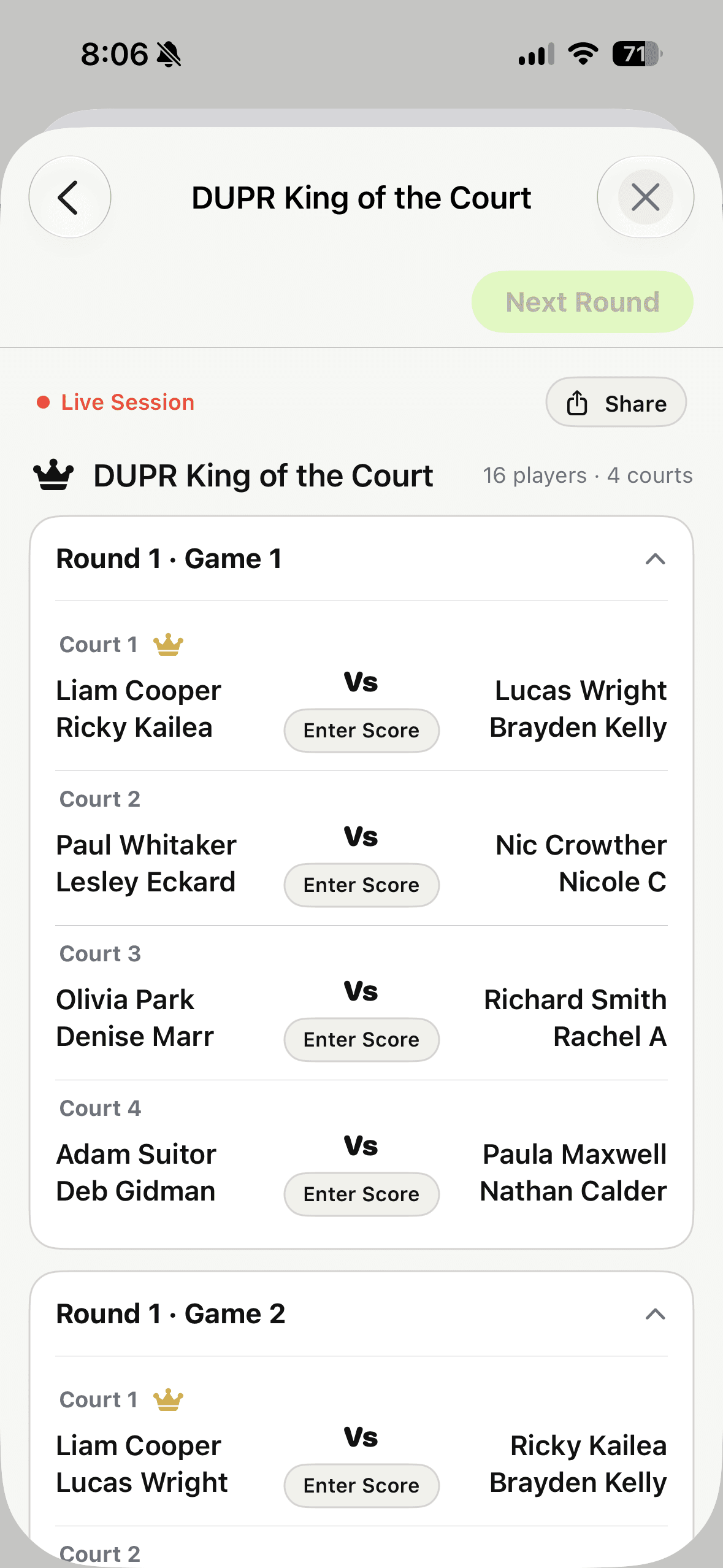 Live DUPR King of the Court session screen with courts and score entry