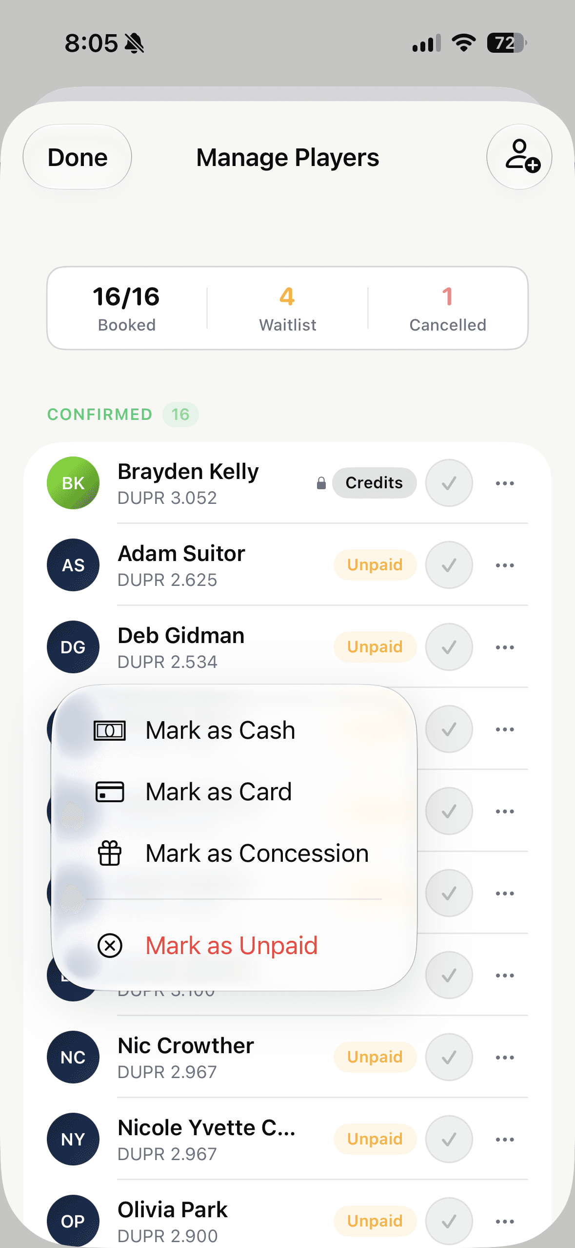 Manage players payment action menu