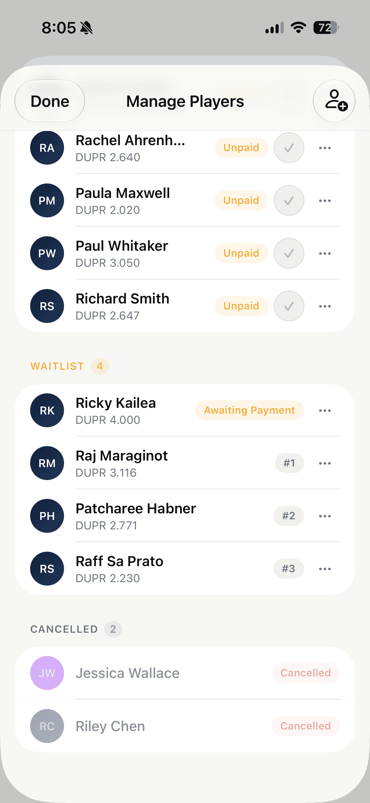 Manage players screen showing confirmed, waitlisted and cancelled players